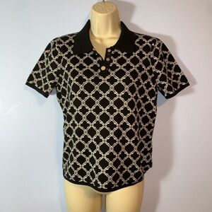Talbots size small black white knit polo Jacquard lattice print short sleeves